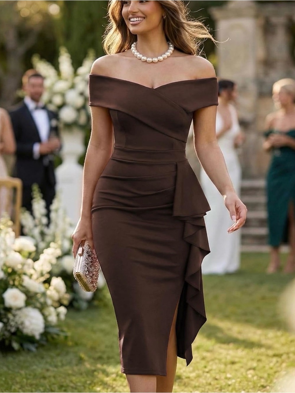 Off the Shoulder Ruched Midi Dress with Built-in Bra. Elegant & flattering fit.
